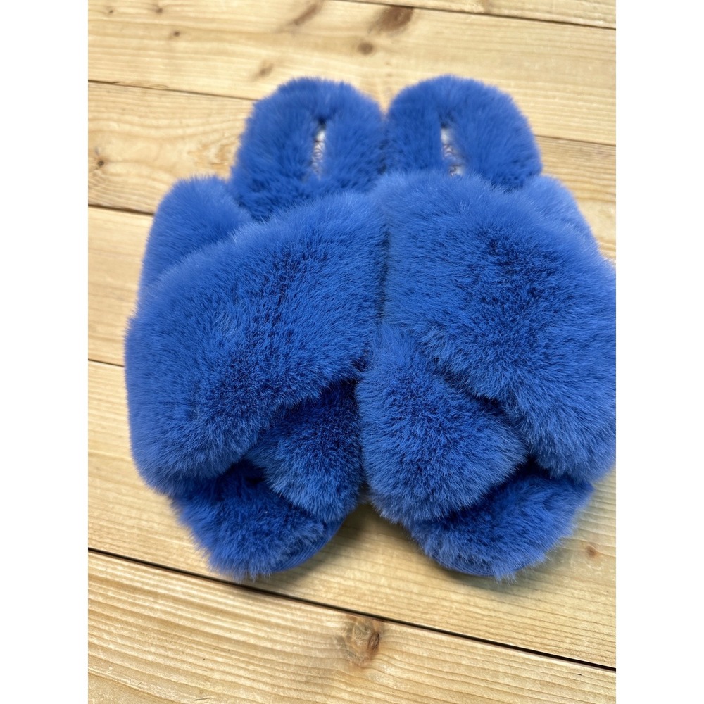 KOBA Royal Blue Faux Fur Crisscross‎ Slides Slippers Womens Size M 6.5-7.5